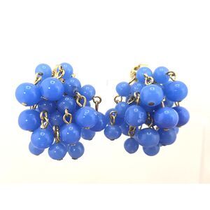 Vintage Dangle Clusters Earrings Blue Glass Clip-On Japan Mod Retro Statement